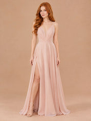 Augday Lily V-Neck Pleated Chiffon Maxi Dress with Slit