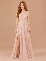 Augday Lily V-Neck Pleated Chiffon Maxi Dress with Slit