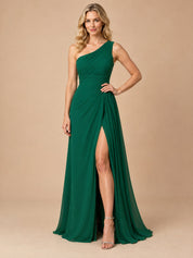 Augday Aurora One-Shoulder Pleated Chiffon Maxi Dress with Slit