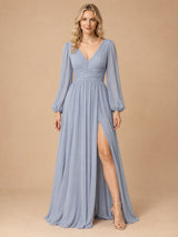 Augday Eleanor V-Neck Long Bishop Sleeve Ruched Chiffon Maxi Dress with Slit