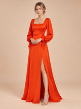 Augday Evelyn Square Neck Long Bishop Sleeve Satin Maxi Dress with Slit