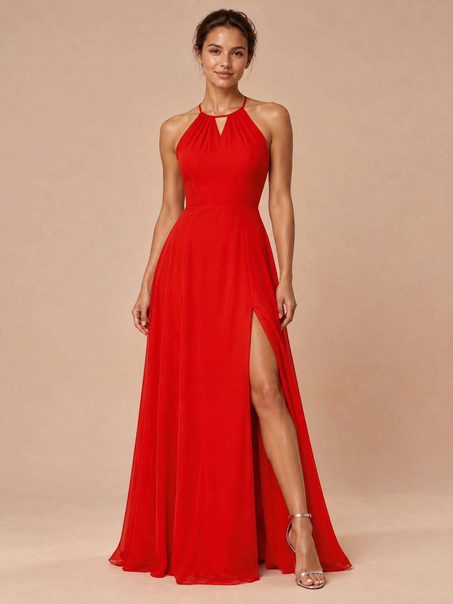 Augday Amara Halter Keyhole Open Back Chiffon Maxi Dress with Tie Bow