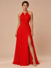 Augday Amara Halter Keyhole Open Back Chiffon Maxi Dress with Tie Bow