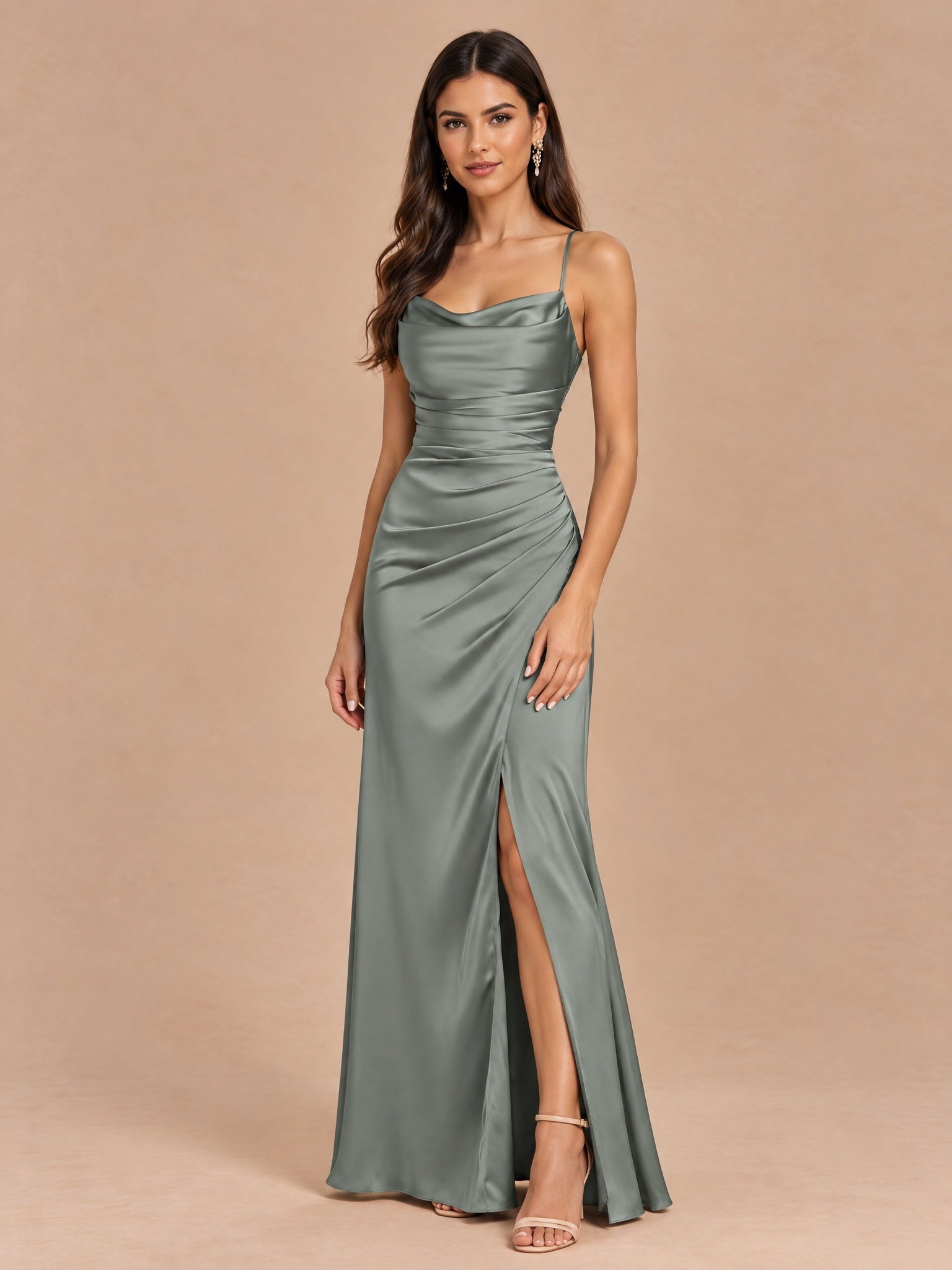 Augday Chloe Cowl Neck Ruched Satin Maxi Dress with Slit