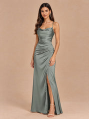 Augday Chloe Cowl Neck Ruched Satin Maxi Dress with Slit