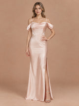 Augday Vivian Off-the-Shoulder Cowl Corset Satin Maxi Dress
