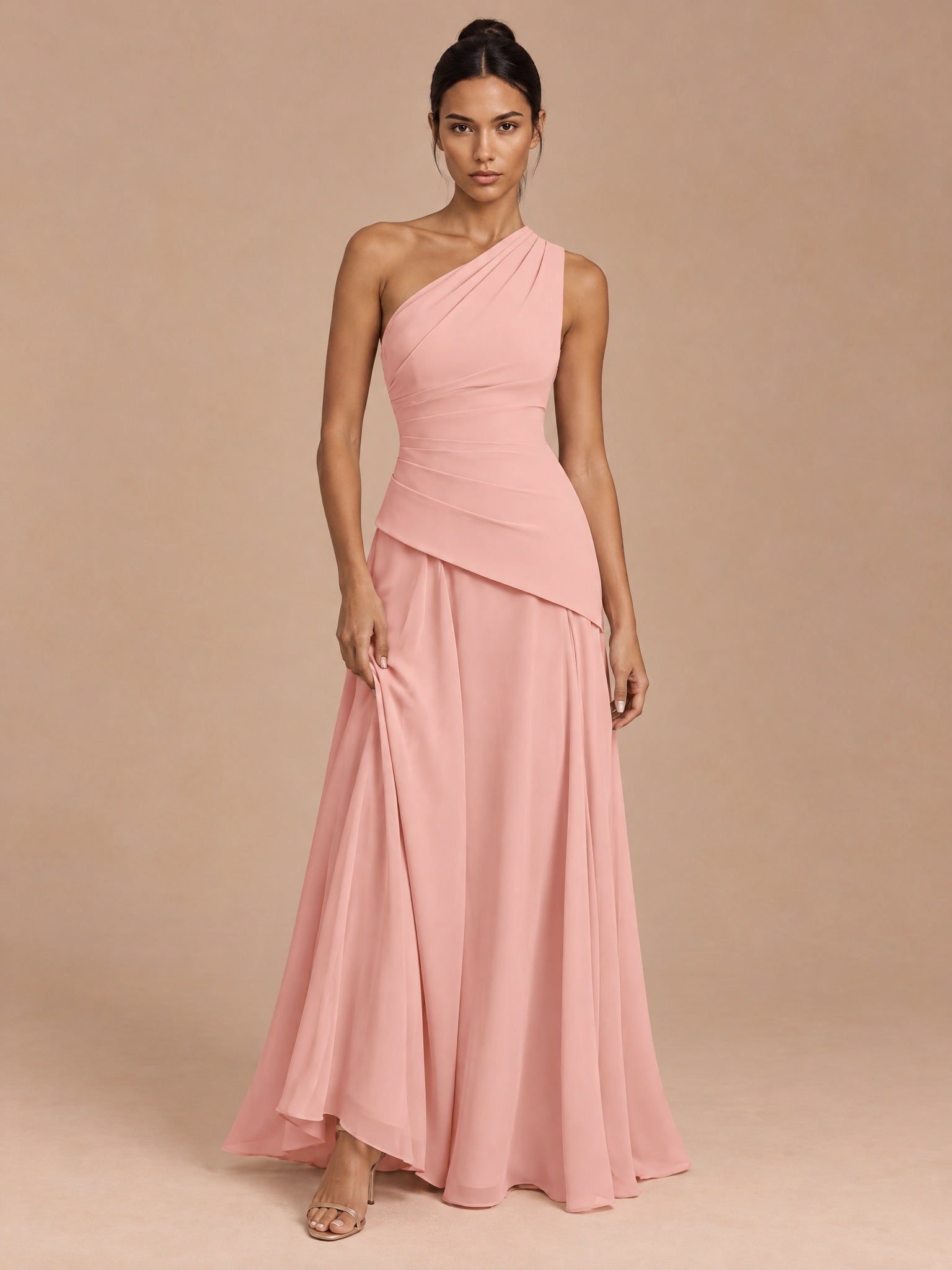 Augday Abigail Blush Pink One-Shoulder Lace-Up Chiffon Maxi Dress