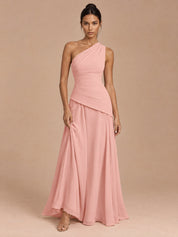 Augday Abigail Blush Pink One-Shoulder Lace-Up Chiffon Maxi Dress