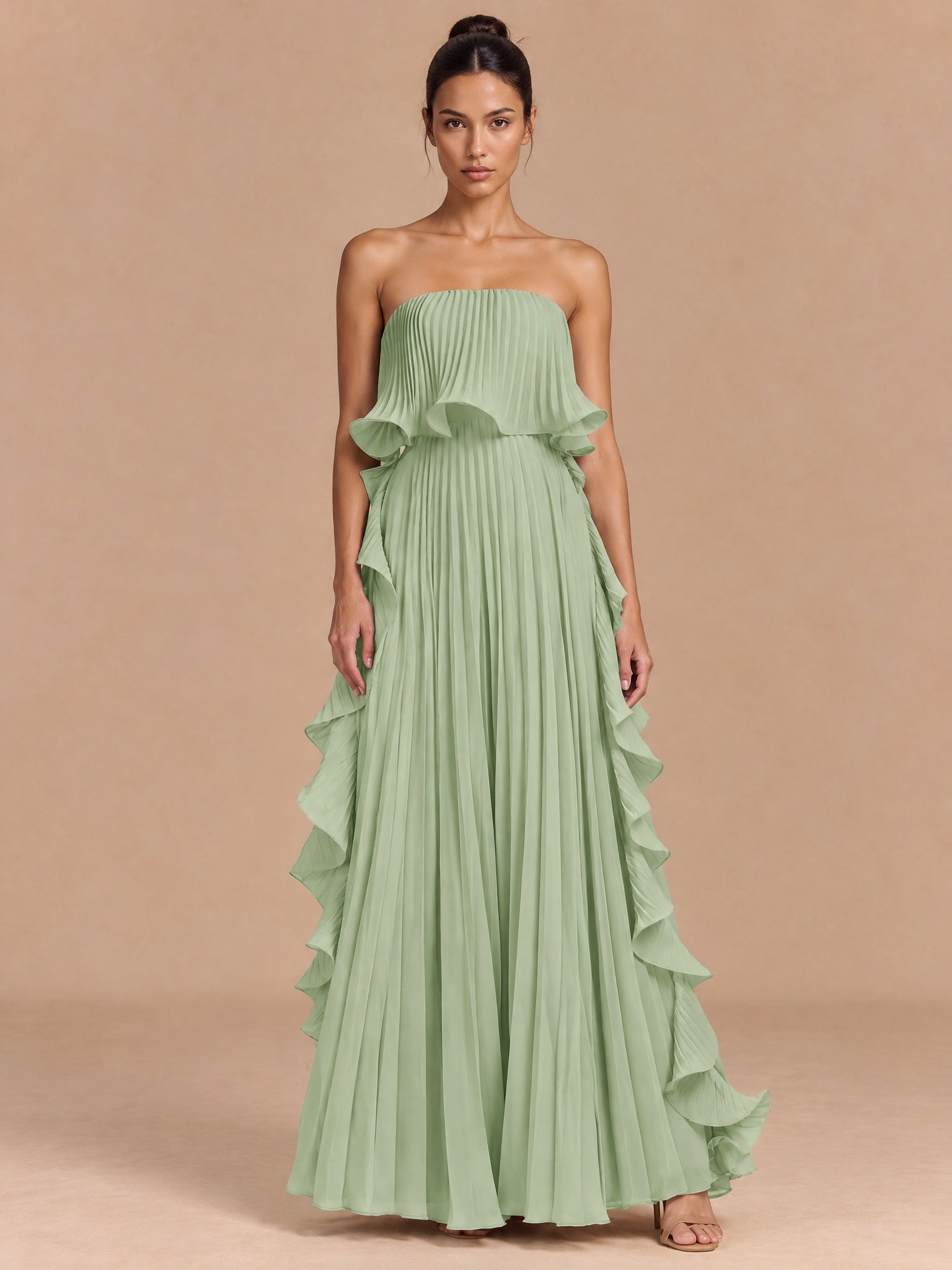 Augday Hazel Pleated Ruffle Strapless Chiffon Maxi Dress