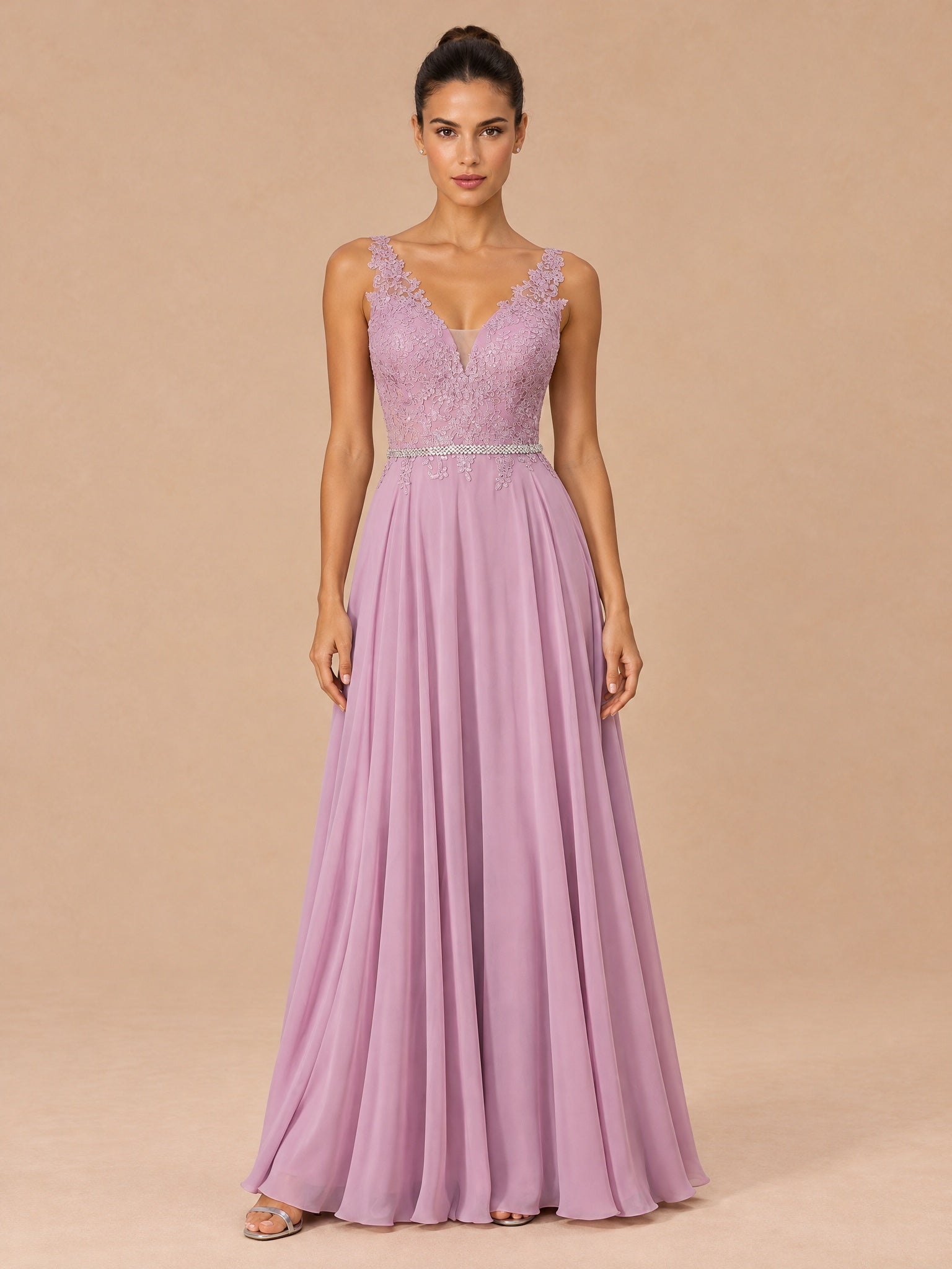 Augday Vivian V-Neck Lace Applique Chiffon Maxi Dress