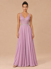 Augday Vivian V-Neck Lace Applique Chiffon Maxi Dress