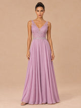 Augday Vivian V-Neck Lace Applique Chiffon Maxi Dress