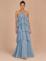 Augday Stella Halter Tiered Ruffle Chiffon Maxi Dress