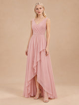 Augday Lily V-Neck Cascading Ruffle Asymmetric Chiffon Maxi Dress
