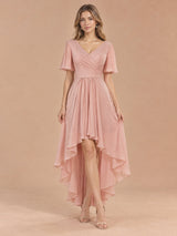 Augday Chloe V-Neck Flutter Sleeve High-Low Pleated Chiffon Maxi Dress