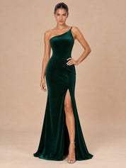 Augday Hazel One-Shoulder Spaghetti Strap Velvet Maxi Dress