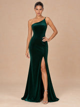Augday Hazel One-Shoulder Spaghetti Strap Velvet Maxi Dress