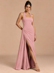 Augday Camilla Halter Square Neck Draped Sash Maxi Dress with Slit