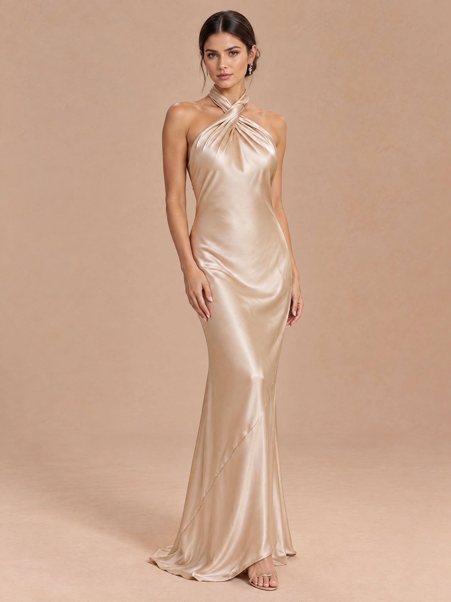 Augday Penelope Cross Halter Twist-Front Open Back Satin Maxi Dress