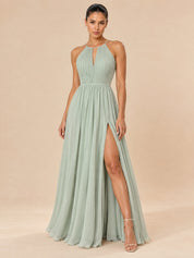 Augday Grace Halter Keyhole Pleated Chiffon Maxi Dress