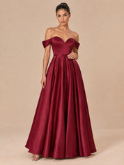 Augday Grace Off-the-Shoulder Sweetheart Pleated Satin Maxi Dress
