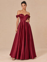 Augday Grace Off-the-Shoulder Sweetheart Pleated Satin Maxi Dress