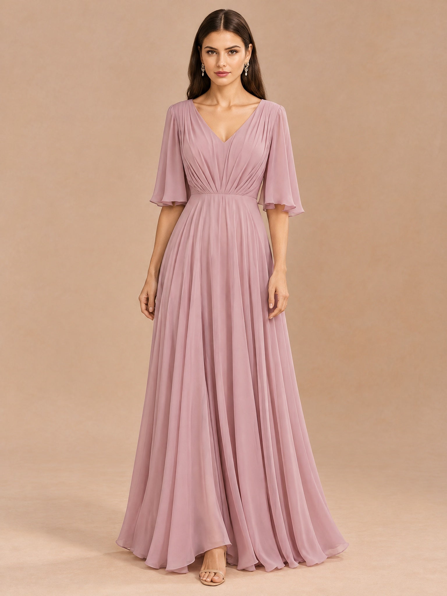 Augday Aurora V-Neck Flutter Half Sleeve Pleated Chiffon Maxi Dress