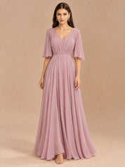 Augday Aurora V-Neck Flutter Half Sleeve Pleated Chiffon Maxi Dress