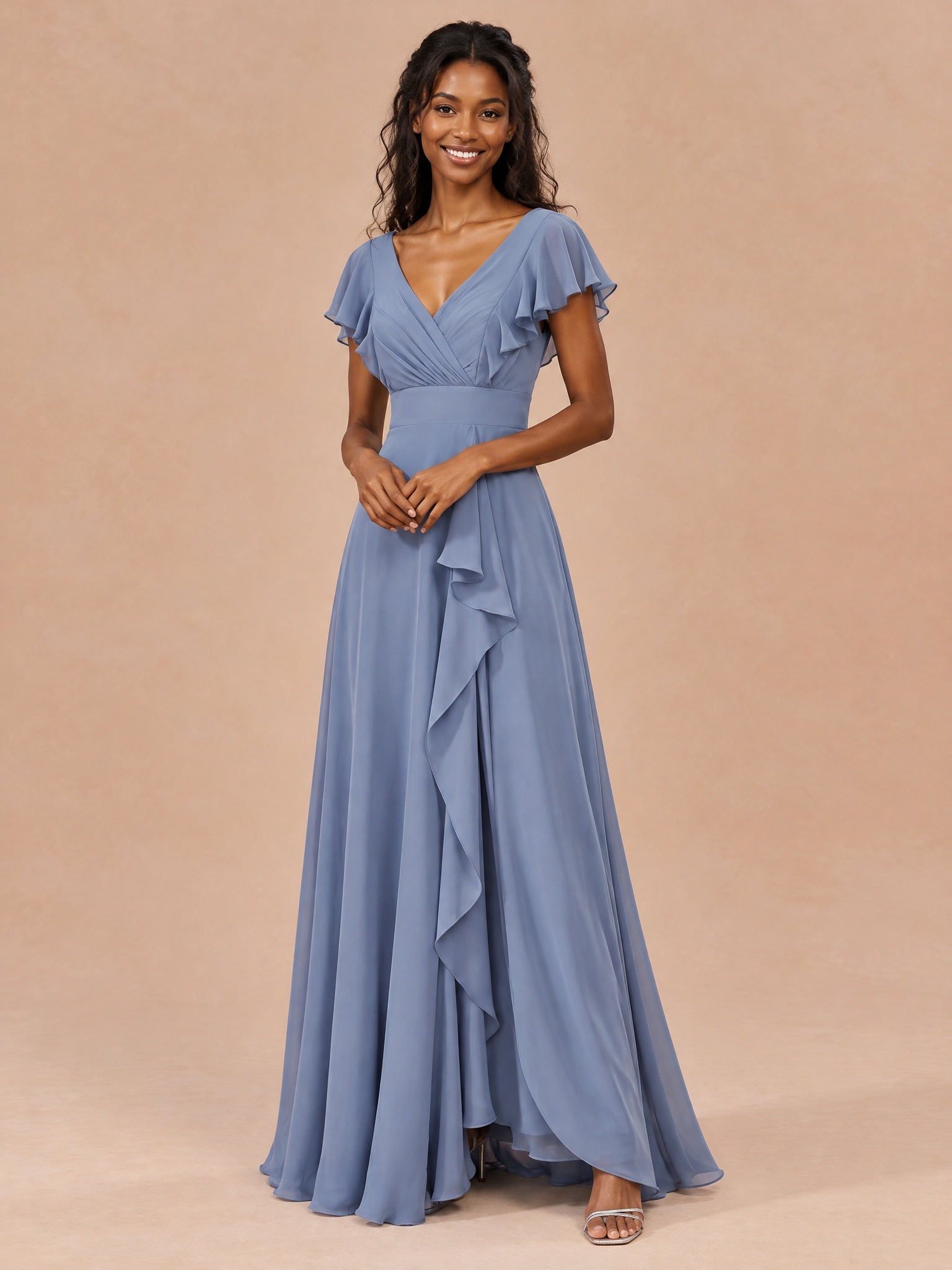 Augday Camilla V-Neck Flutter Sleeve Chiffon Maxi Dress with Ruffle Slit