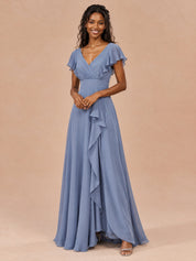 Augday Camilla V-Neck Flutter Sleeve Chiffon Maxi Dress with Ruffle Slit