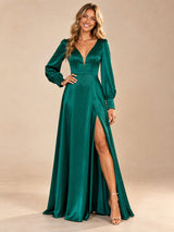 Augday Charlotte Deep V-Neck Long Sleeve Satin Maxi Dress with Slit