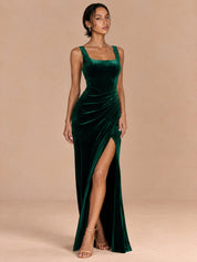 Augday Seraphina Square Neck Ruched Velvet Maxi Dress with Slit