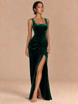 Augday Seraphina Square Neck Ruched Velvet Maxi Dress with Slit