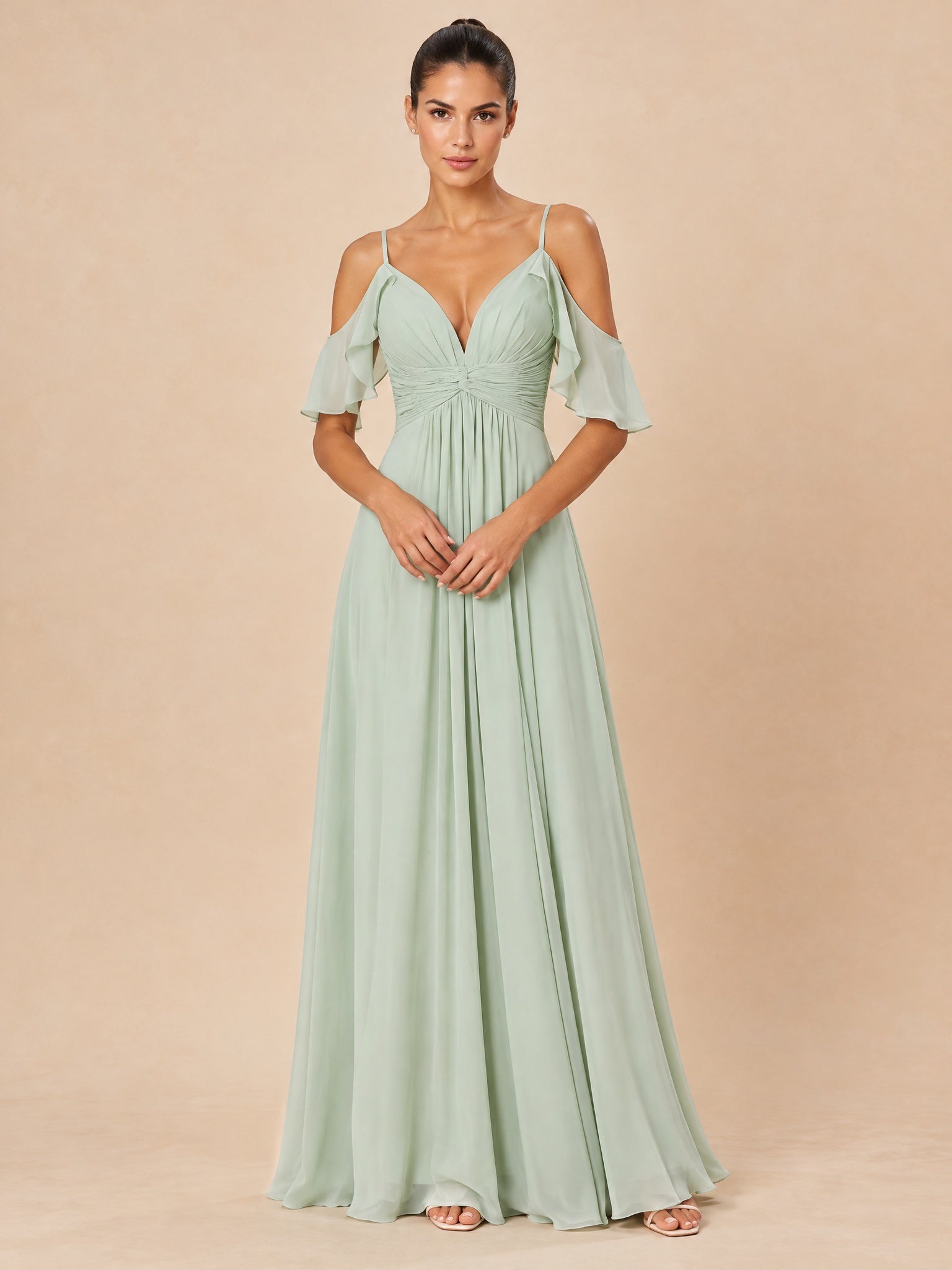 Augday Isabella Cold-Shoulder V-Neck Twist Front Chiffon Maxi Dress