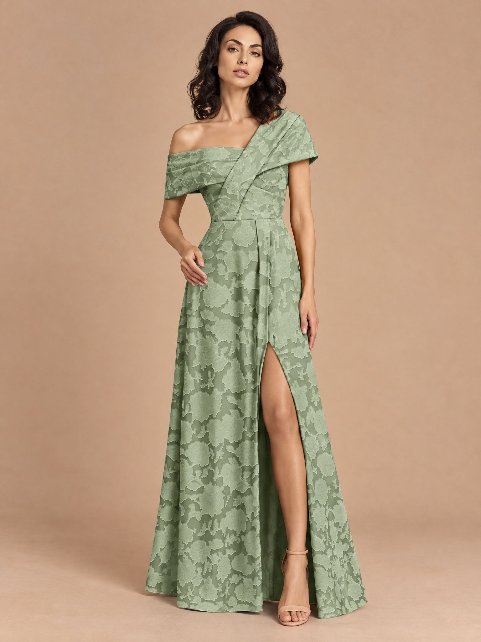 Augday Evelyn Floral Jacquard Asymmetric Maxi Dress