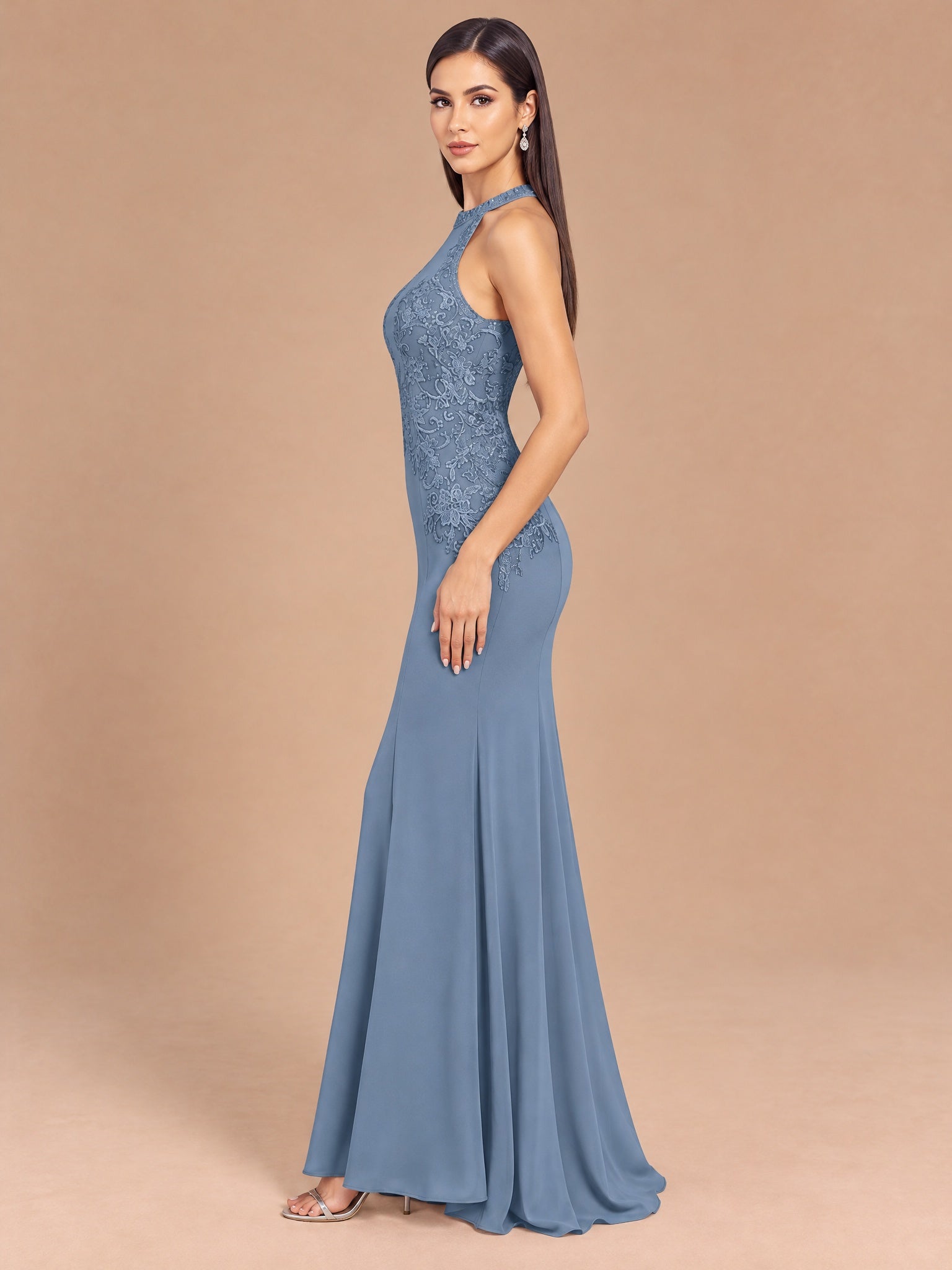 Augday Isabella Beaded Halter Lace Mermaid Maxi Dress with Removable Cape