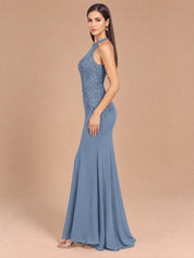 Augday Isabella Beaded Halter Lace Mermaid Maxi Dress with Removable Cape