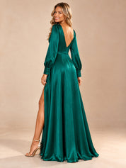 Augday Charlotte Deep V-Neck Long Sleeve Satin Maxi Dress with Slit