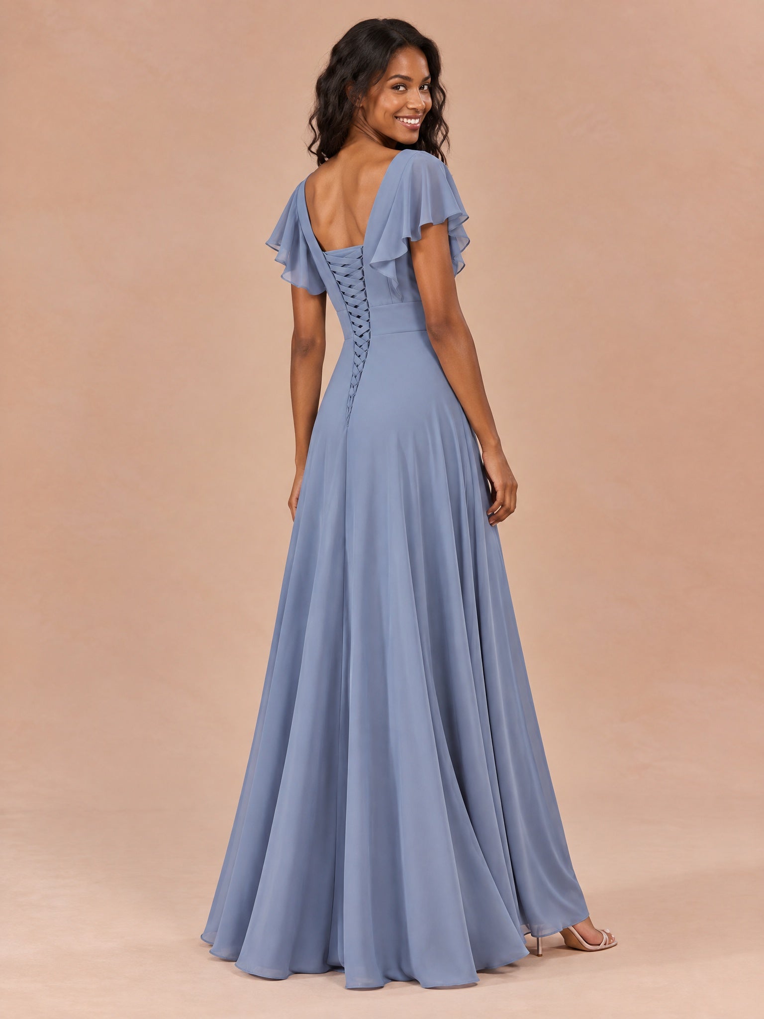 Augday Camilla V-Neck Flutter Sleeve Chiffon Maxi Dress with Ruffle Slit