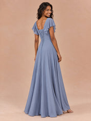 Augday Camilla V-Neck Flutter Sleeve Chiffon Maxi Dress with Ruffle Slit