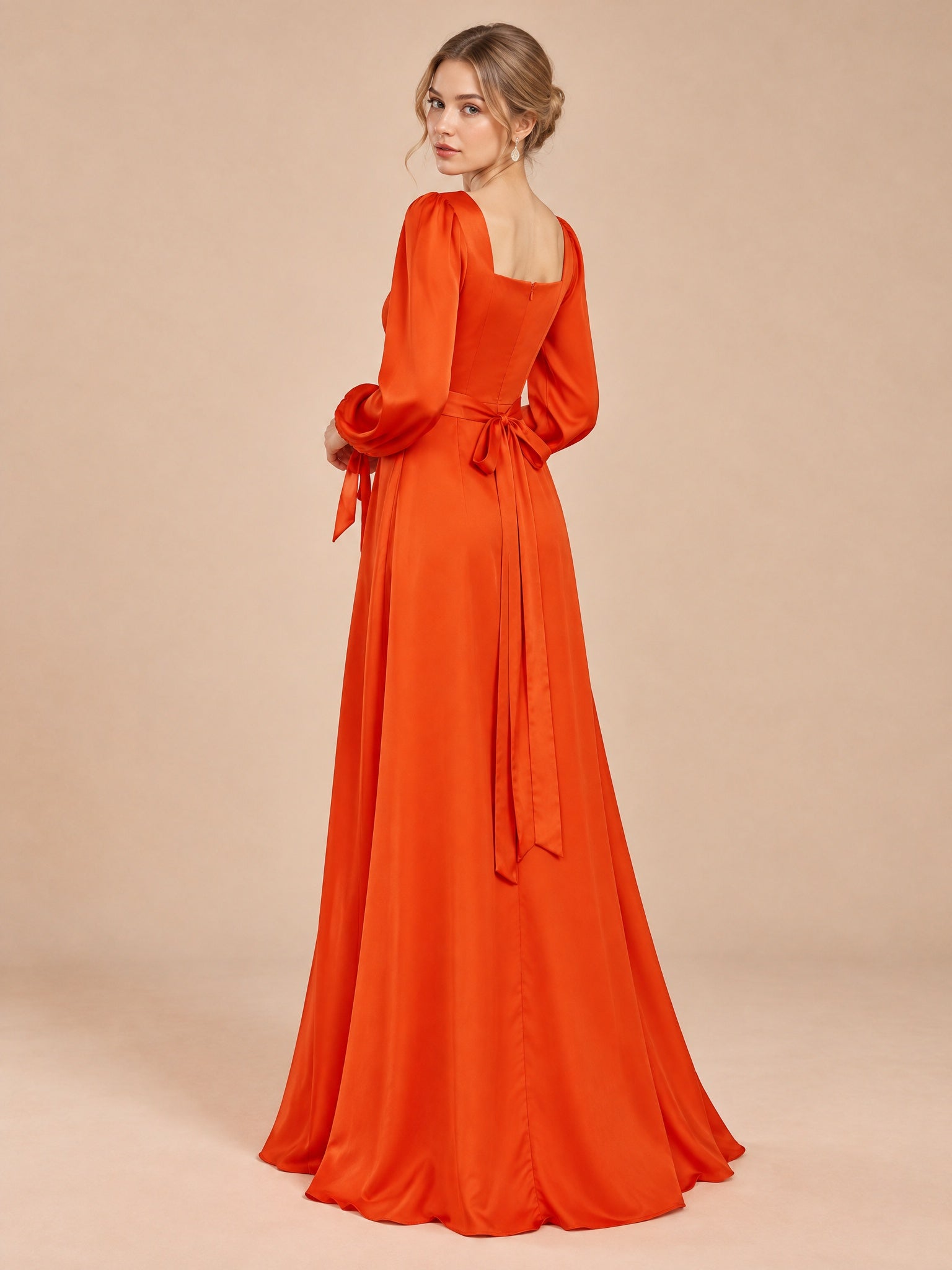 Augday Evelyn Square Neck Long Bishop Sleeve Satin Maxi Dress with Slit