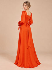 Augday Evelyn Square Neck Long Bishop Sleeve Satin Maxi Dress with Slit