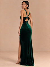 Augday Seraphina Square Neck Ruched Velvet Maxi Dress with Slit