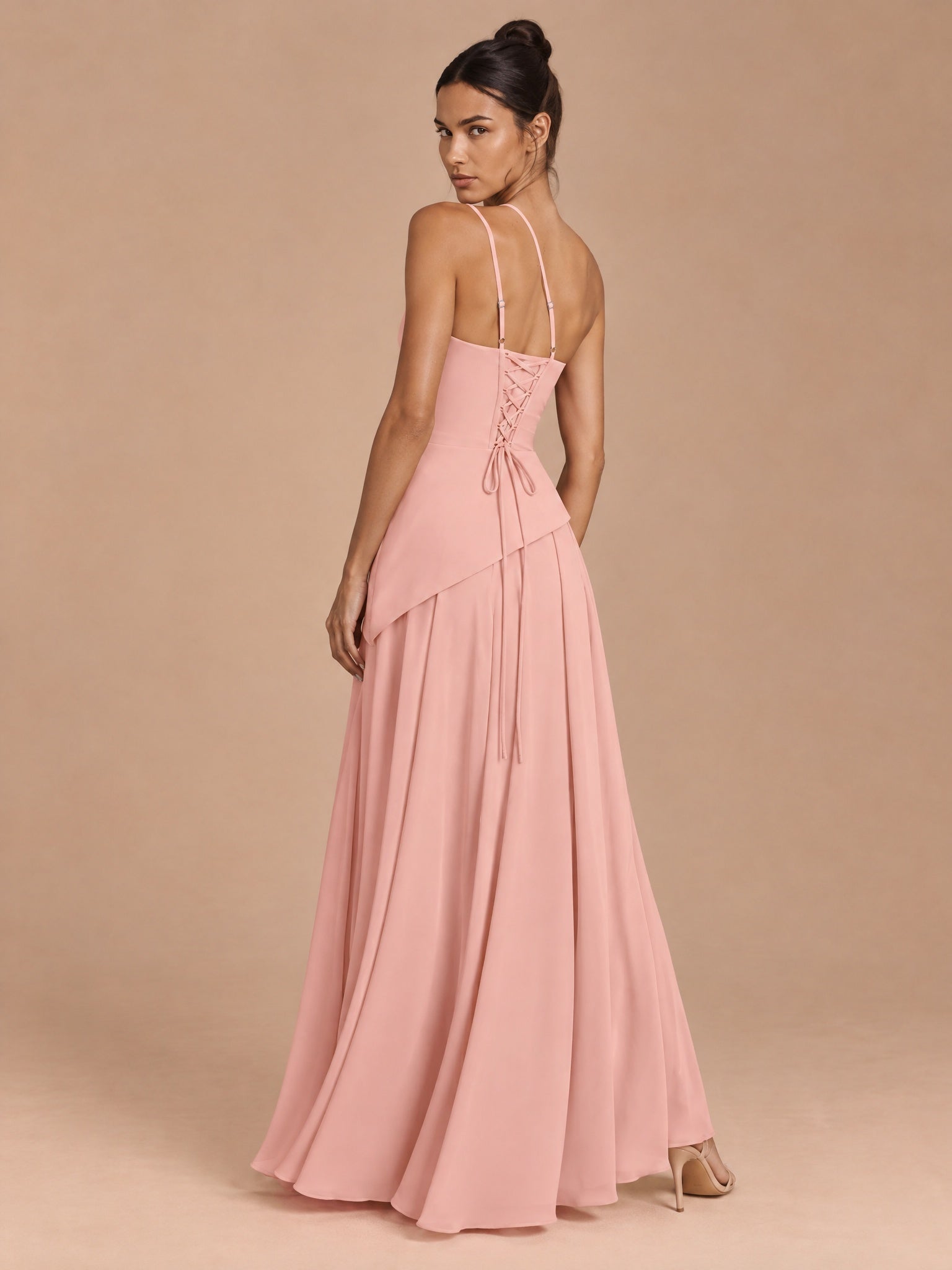 Augday Abigail Blush Pink One-Shoulder Lace-Up Chiffon Maxi Dress