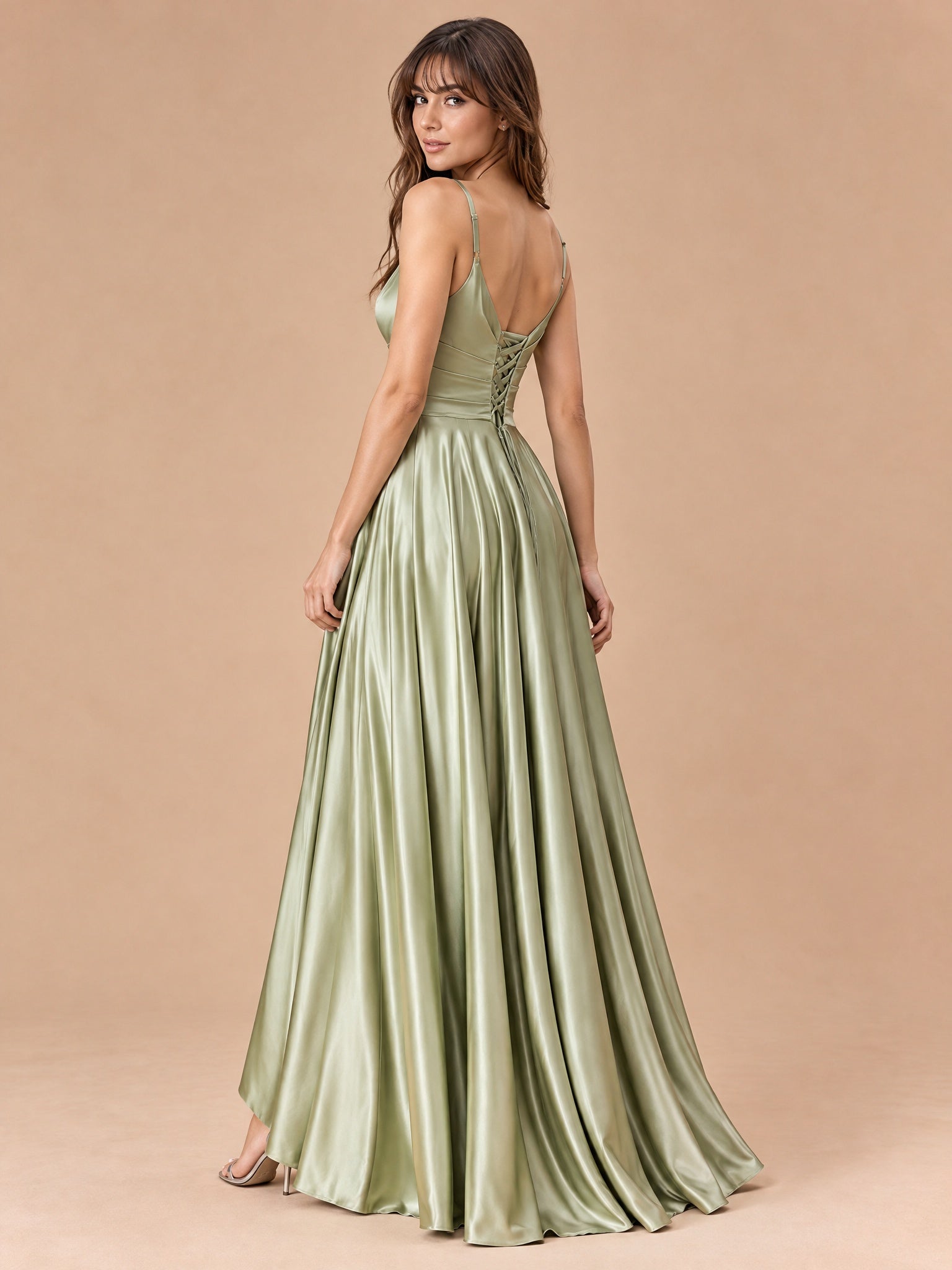 Augday Eleanor Sweetheart V-Neck Pleated Satin Maxi Dress