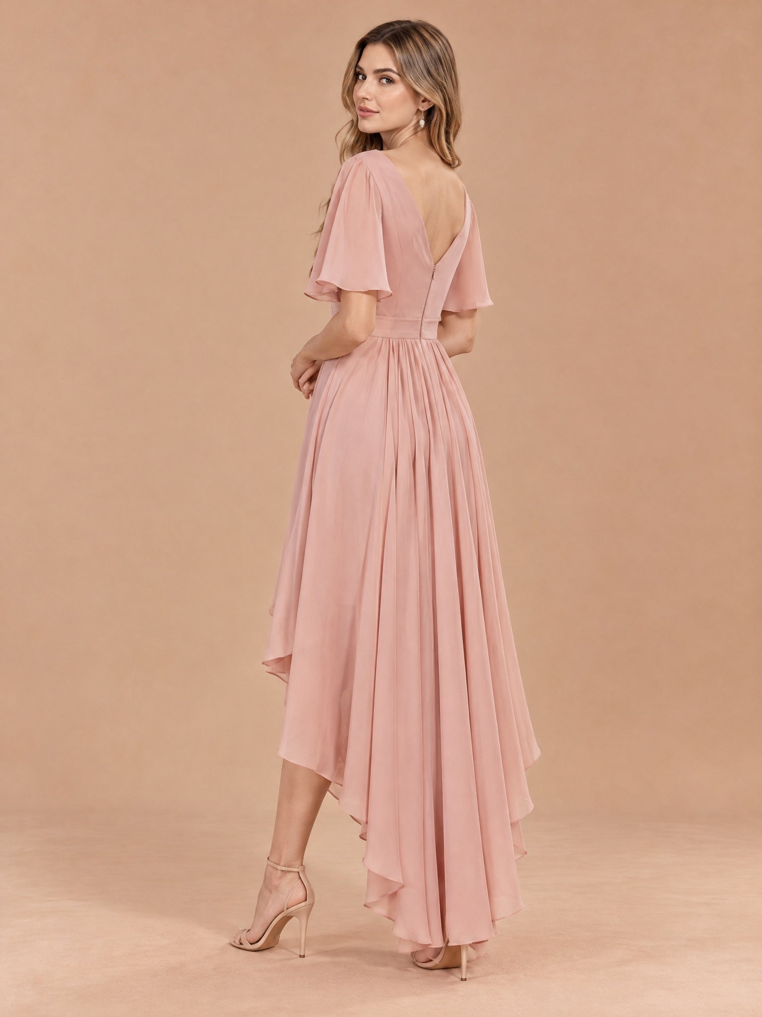 Augday Chloe V-Neck Flutter Sleeve High-Low Pleated Chiffon Maxi Dress