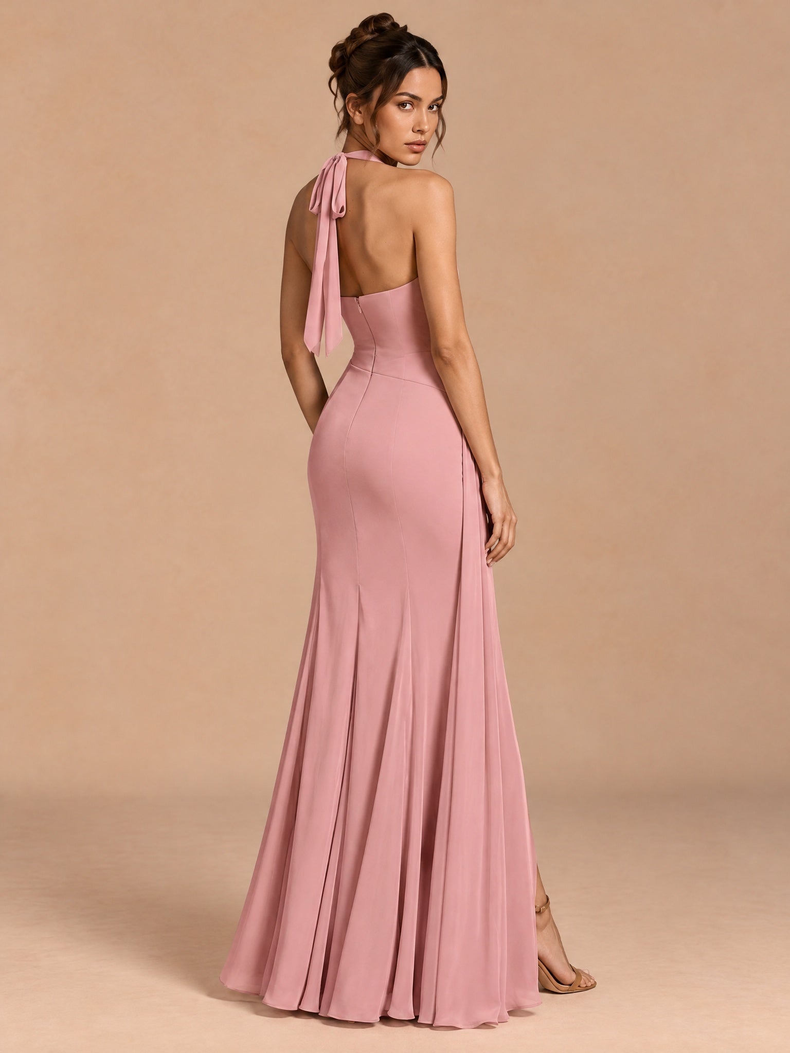 Augday Camilla Halter Square Neck Draped Sash Maxi Dress with Slit