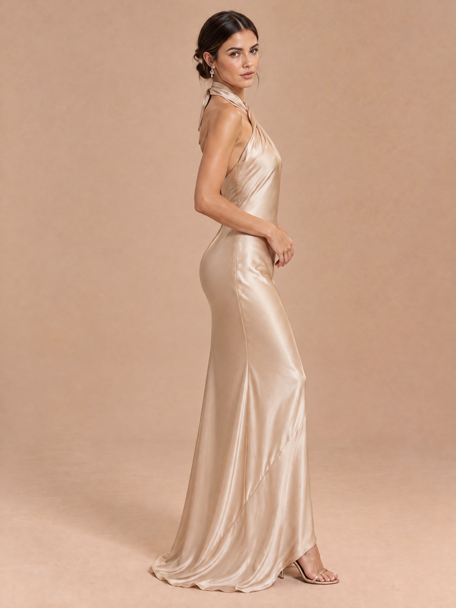 Augday Penelope Cross Halter Twist-Front Open Back Satin Maxi Dress