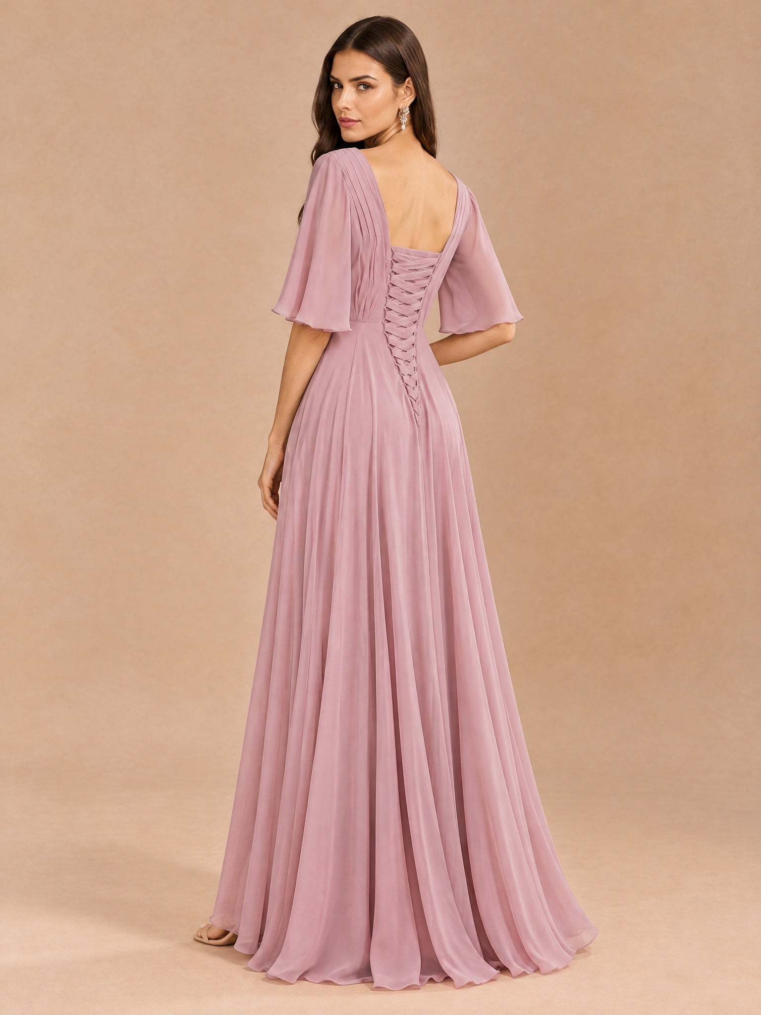 Augday Aurora V-Neck Flutter Half Sleeve Pleated Chiffon Maxi Dress