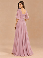 Augday Aurora V-Neck Flutter Half Sleeve Pleated Chiffon Maxi Dress